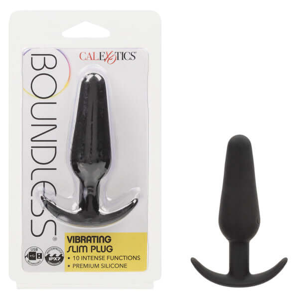 Boundless Vibrating Slim Plug - Black, premium silicone, 10 intense vibration functions, sleek design.