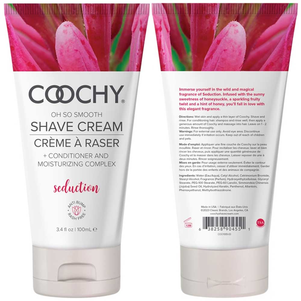 Coochy Oh So Smooth Shave Cream Seduction 3.4 Oz tube, moisturizing shave cream with honeysuckle scent.