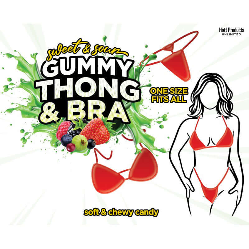 Sweet & Sour Gummy Thong & Bra Candy featuring colorful candy lingerie design, soft and chewy novelty treat.