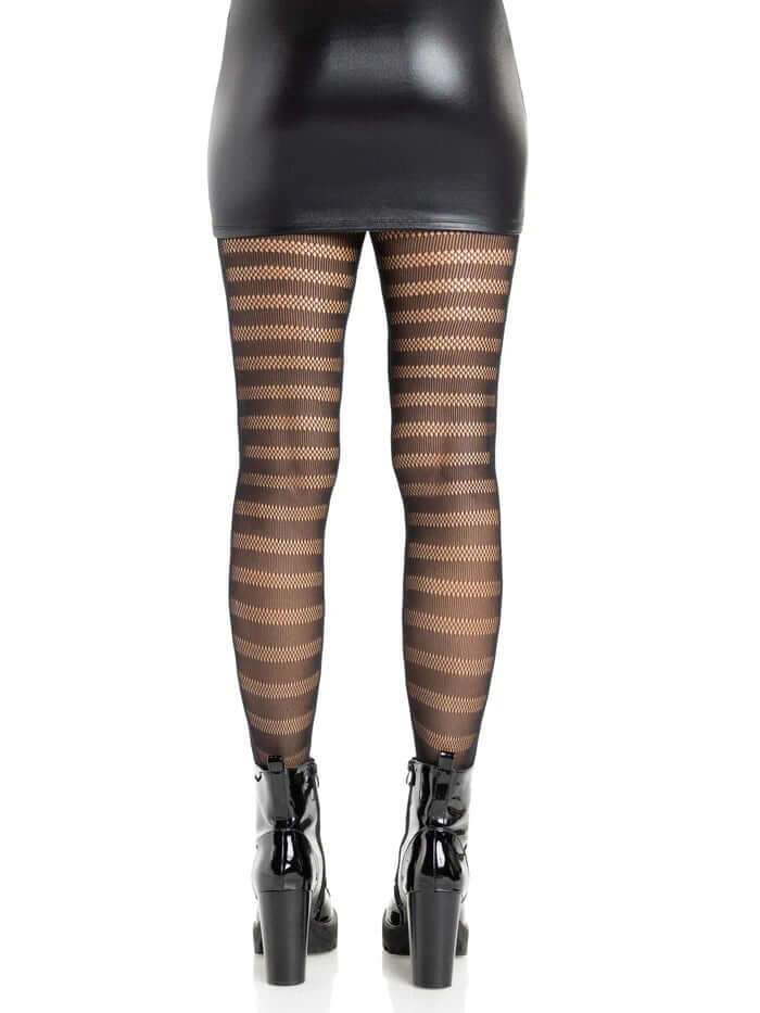 Leg Avenue Cosima Striped Net Tights OS Black showcased from behind, featuring bold striped net pattern and stylish black boots.