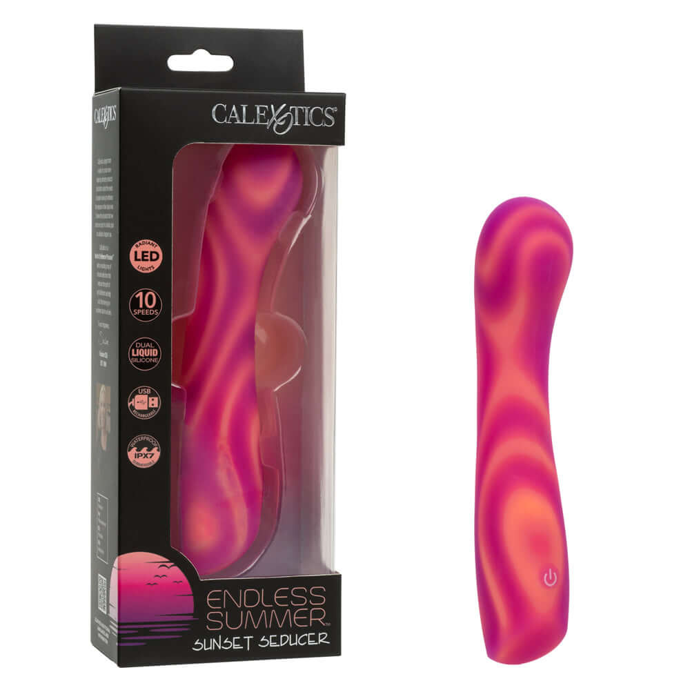 Endless Summer Sunset Seducer Massager Pink packaging with massager device, LED features, and ergonomic design.