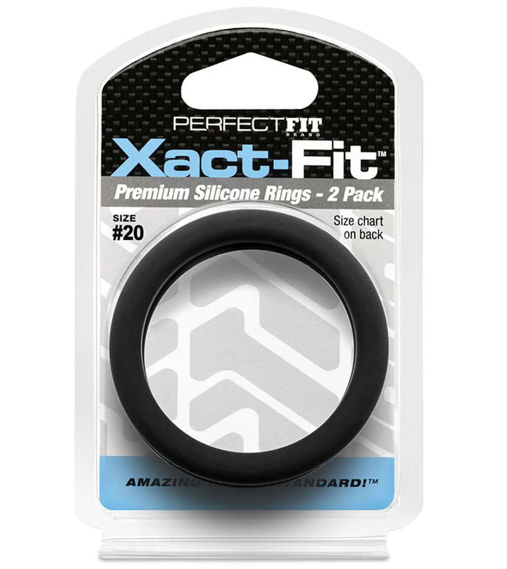 Perfect Fit Xact-Fit No 20 Rings Black 2 Pack packaging showcasing premium silicone rings.