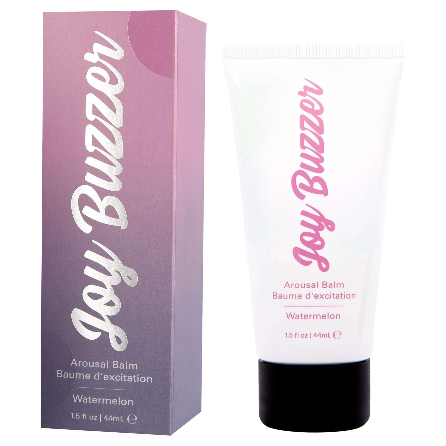 Joy Buzzer Arousal Balm Watermelon 1.5 Oz with packaging and tube showcasing refreshing aroma.