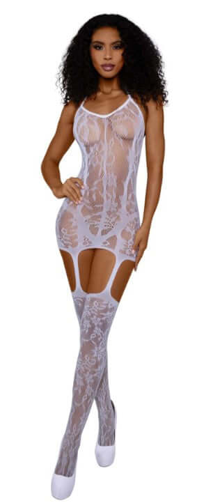 Dreamgirl Lace & Opaque Seam Garter Dress OS White shown on a model, highlighting its elegant lace and body-contouring design.