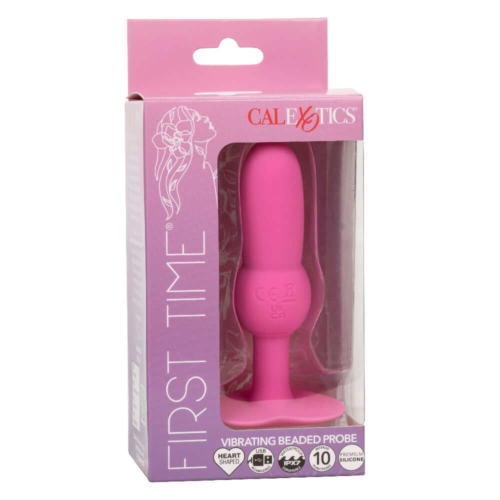 First Time Vibrating Beaded Probe in pink packaging featuring 10 vibrating functions for beginners and seasoned enthusiasts.