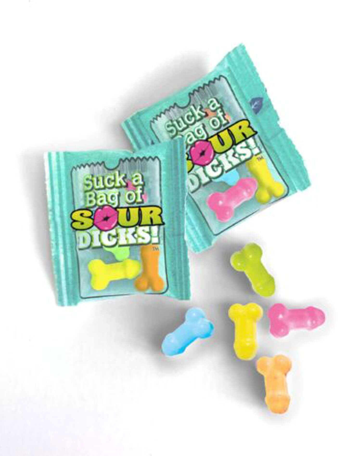 Two playful packs of Suck a Bag of Sour Dicks Bag of 25 with vibrant sour candies shaped like bones scattered around.
