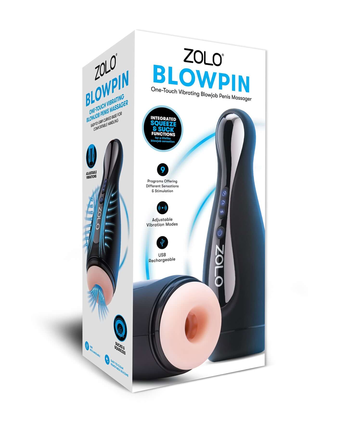 ZOLO Blowpin Vibrating Blowjob Penis Massager packaging showcasing the sleek design and features for enhanced pleasure.