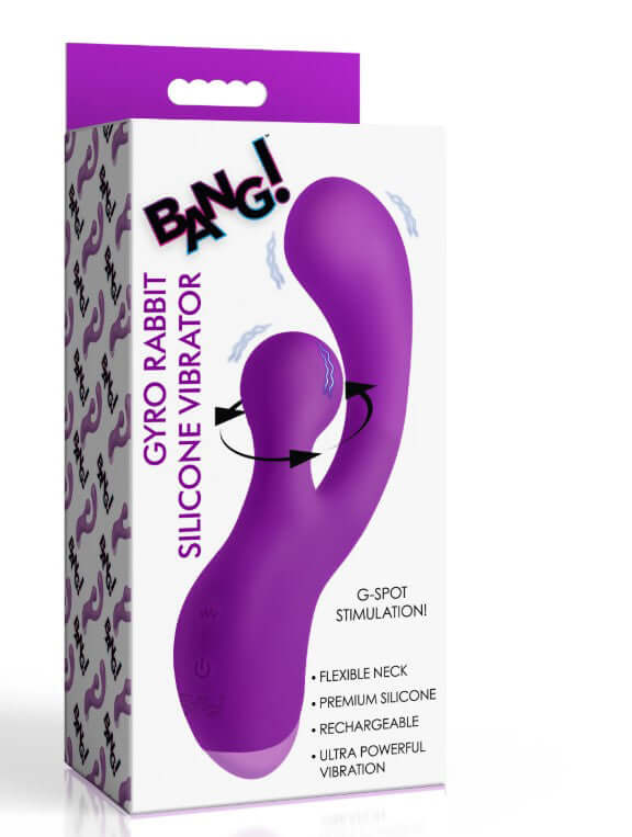 Bang Gyro Rabbit Silicone Vibrator Purple in packaging showcasing flexible neck and g-spot stimulation features.