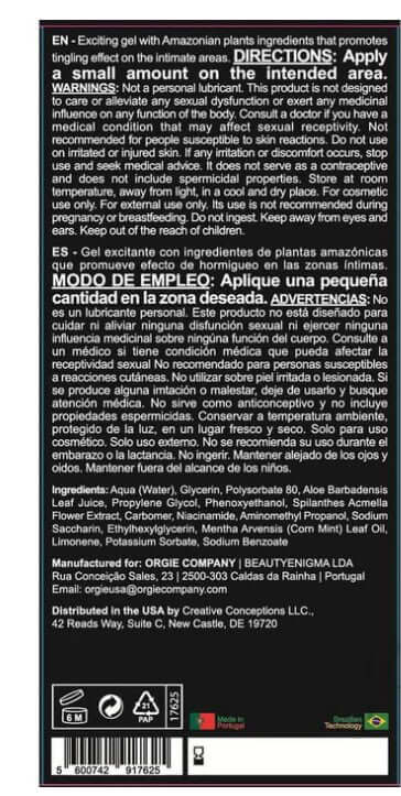 Orgie Sexy Vibe Intimate Arousal Gel 15 ml packaging showing directions and ingredients for enhanced sensitivity.