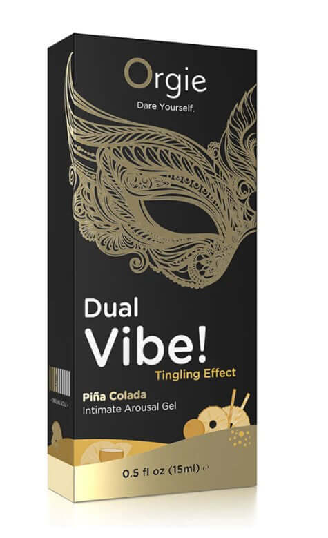 Orgie Dual Vibe Pina Colada Kissable Liquid Vibrator 15 ml packaging with tropical design and tantalizing branding.