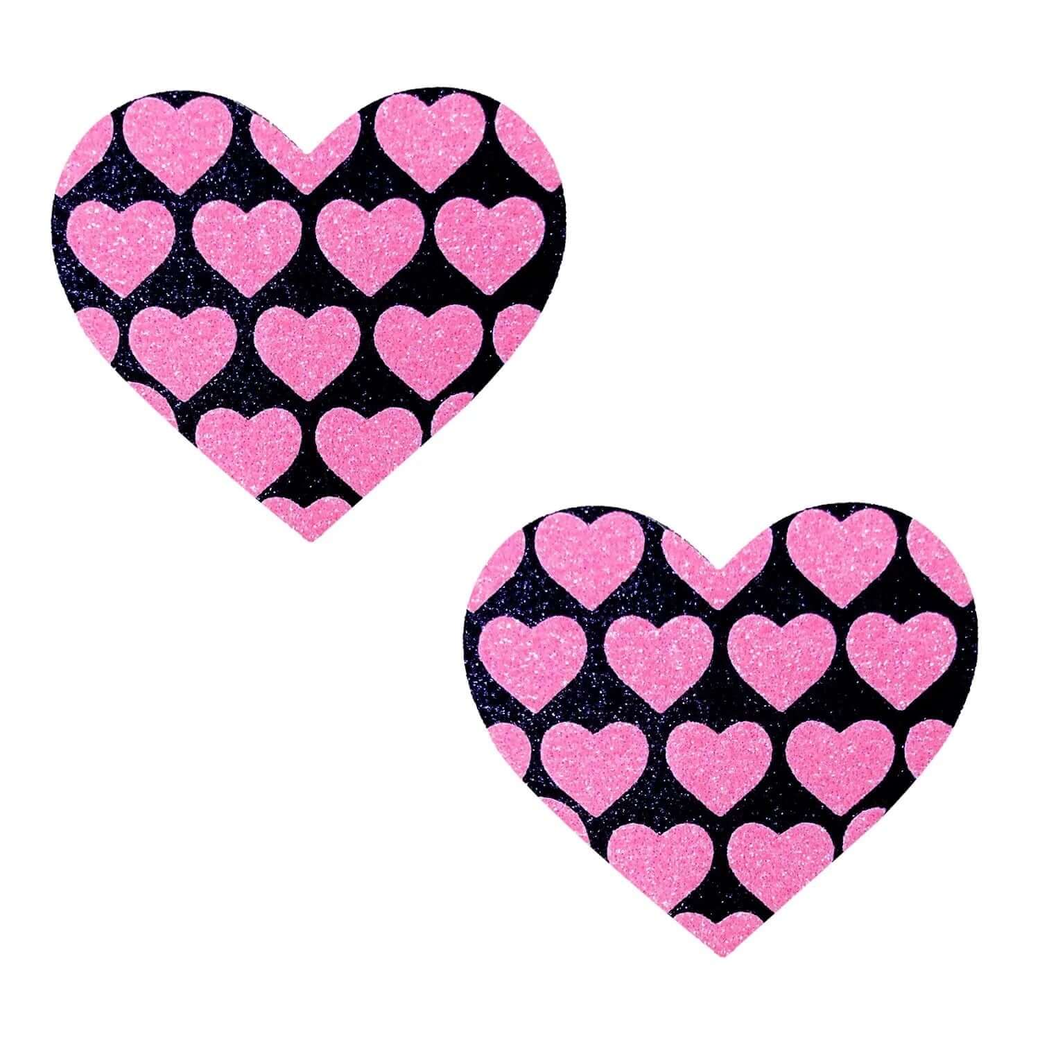 Pink Heart Neon Valentines Black Glitter Heart Nipple Cover Pasties-0