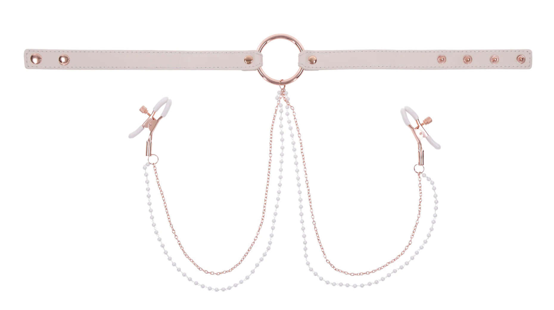 Peaches ‘N Creame pink collar with rose gold nipple clamps and faux fur lining for comfortable fit.