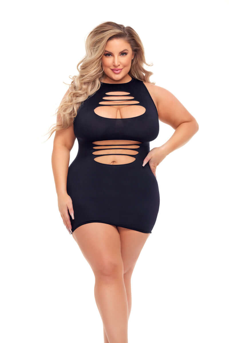 Pink Lipstick Cant Commit Dress Queen Size Black featuring stylish cut-outs and a flattering open bust design.