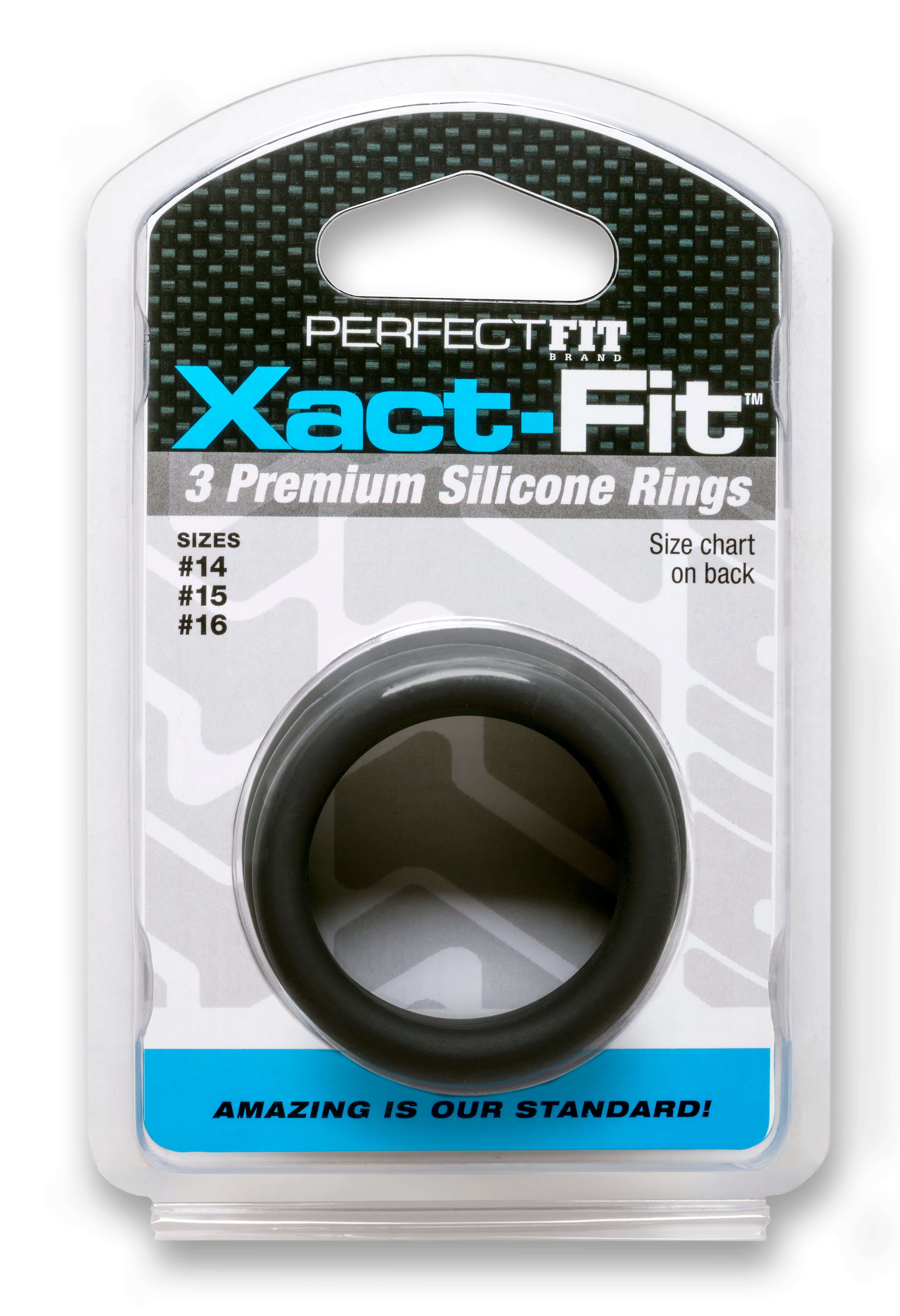Xact-Fit 3 Premium Silicone Rings packaging showing sizes #14, #15, and #16 by Perfect Fit.