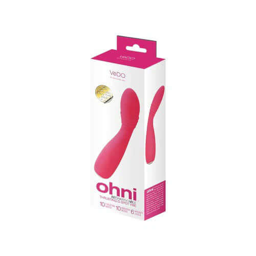 Vedo Ohni Rechargeable G-Spot Thrusting Vibe Pink packaging showcasing its design and features.