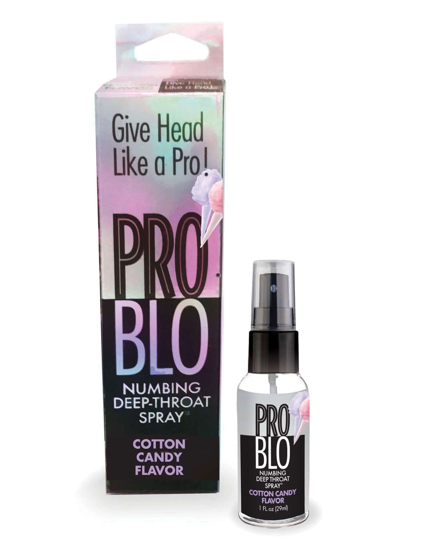 Pro Blo Throat Numbing Spray Cotton Candy 1 Oz packaging and bottle displayed against a white background.