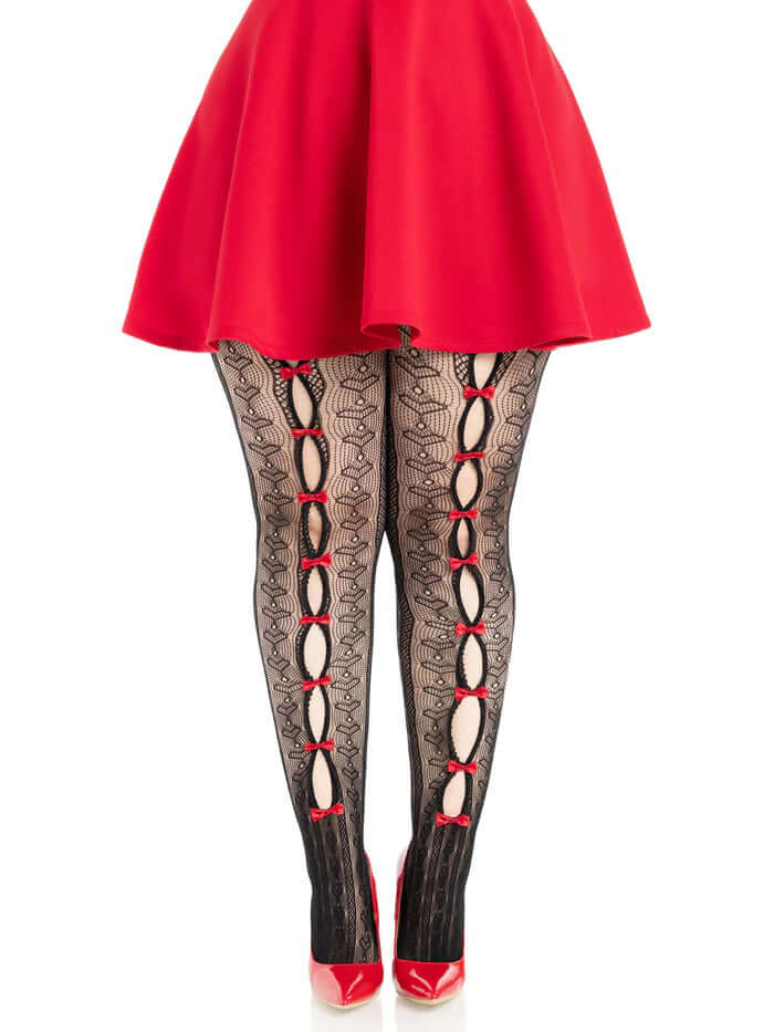 Leg Avenue Plus Size Sweetheart Striped Tights Black Red styled with a red skirt and high heels, showcasing bold fashion.