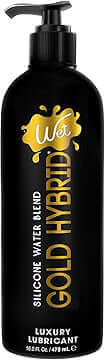 Wet Gold Hybrid Water Silicone Blend 16 Oz bottle with pump top, luxury personal lubricant designed for silky texture.