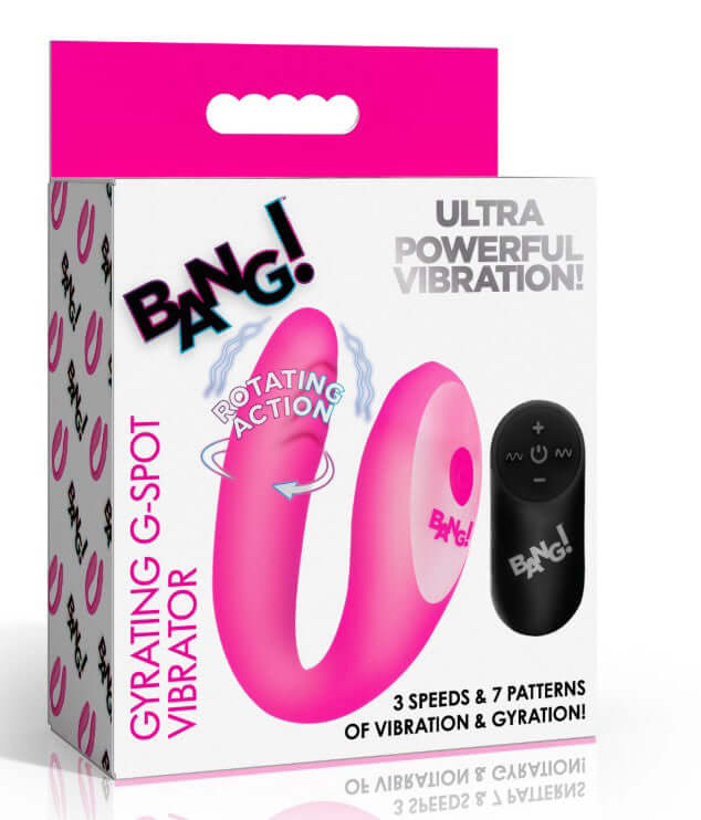 Bang Gyrating G-Spot Vibrator Pink packaging showing dual stimulation design with remote control and waterproof features.