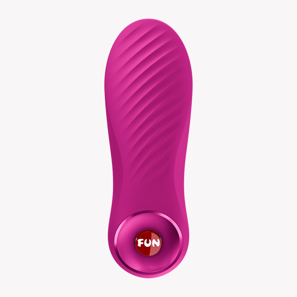 Fun Factory Bijou Bullet Vibrator Magenta top view showcasing its textured surface and Fun logo.