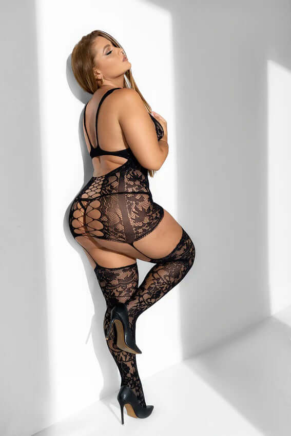 Curvy Ella Fishnet Body Stocking -X - Black-1