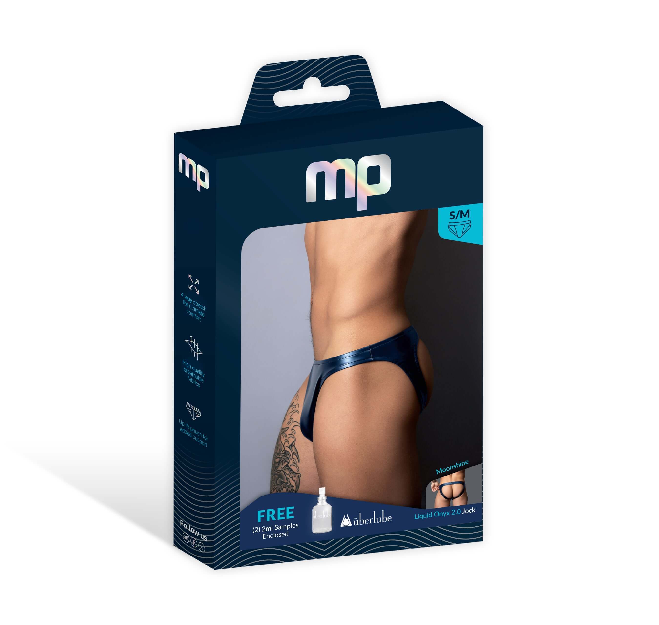 Male Power Liquid Onyx 2.0 Moonsh Small Medium Blue thong packaging showcasing sleek design and modern style.