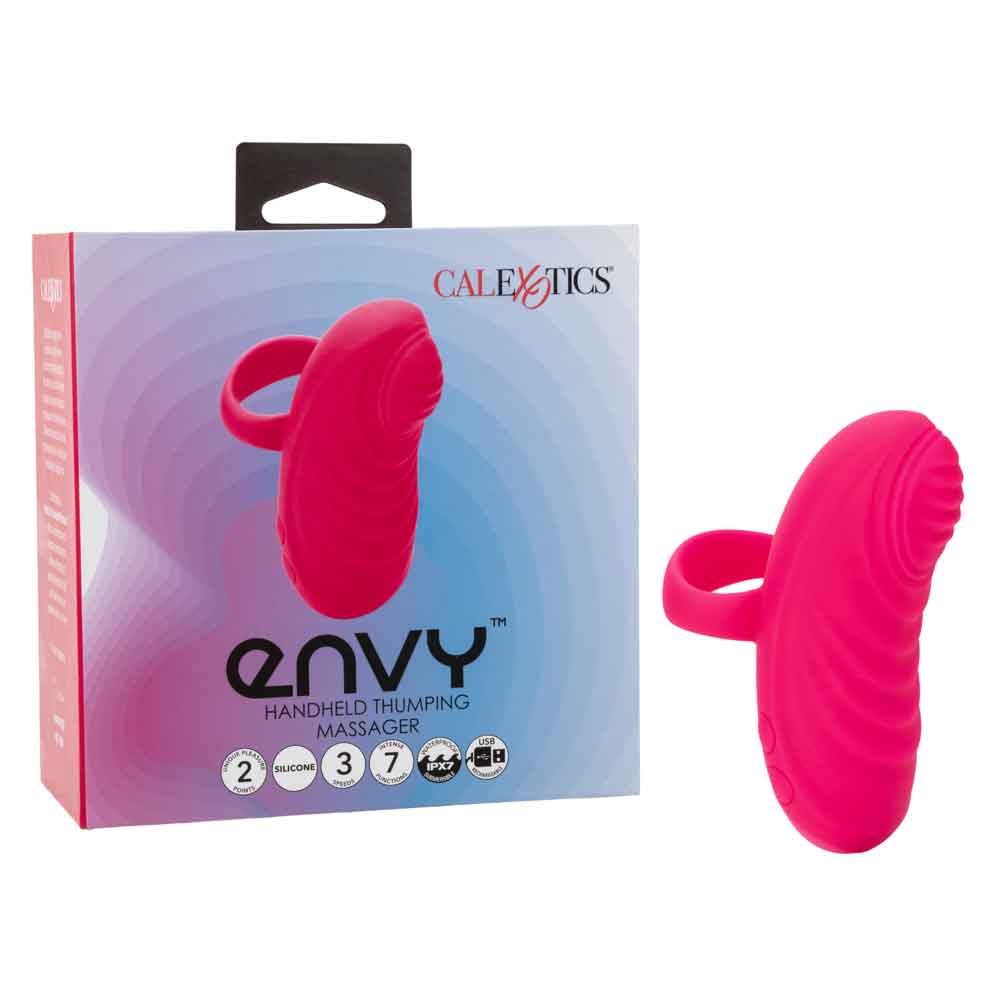 Envy Handheld Thumping Massager - Pink with packaging, soft grip, and rippled texture for precision pleasure points