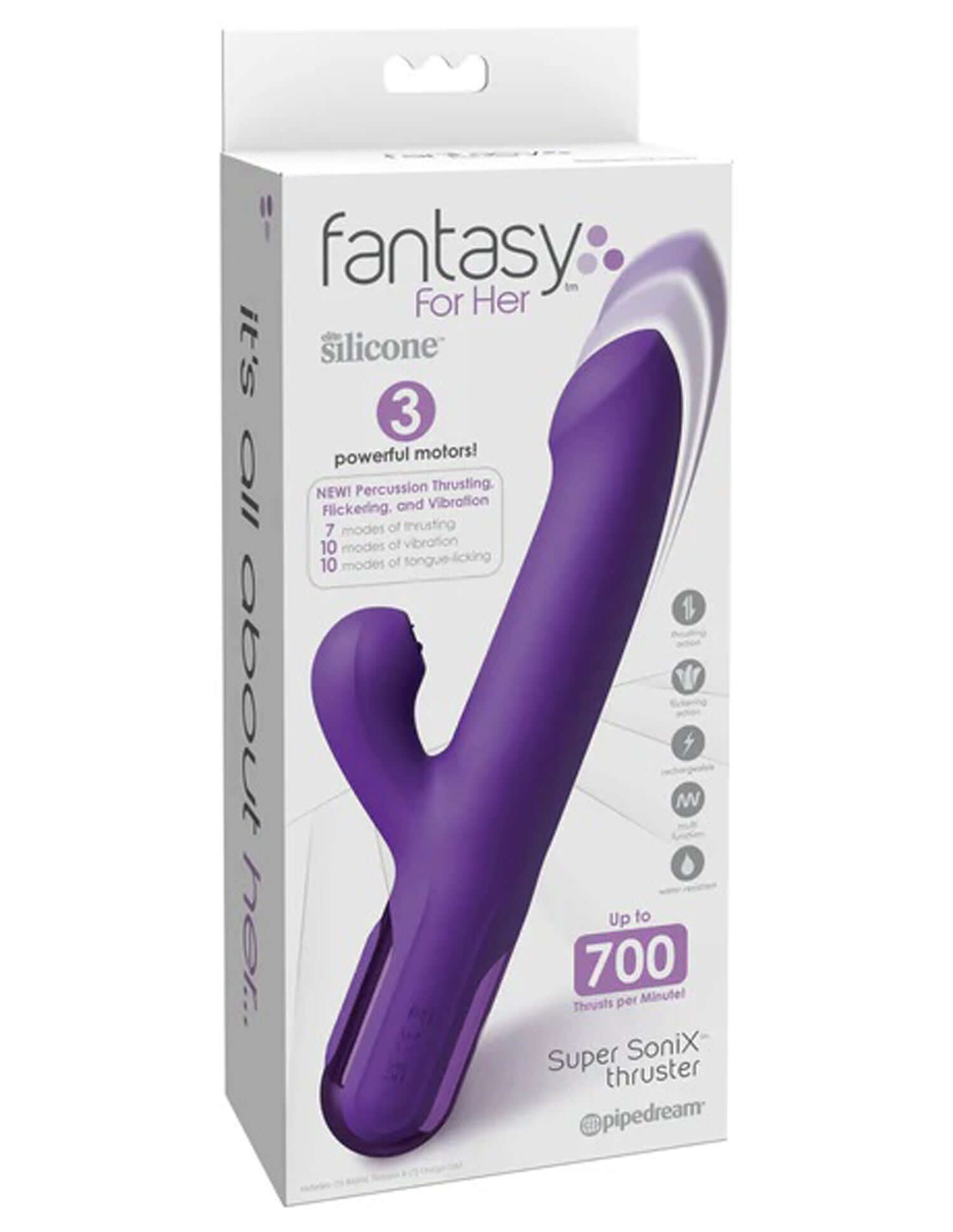 Fantasy for Her Super Sonix Thruster in purple packaging with info on motors and thrusting features.