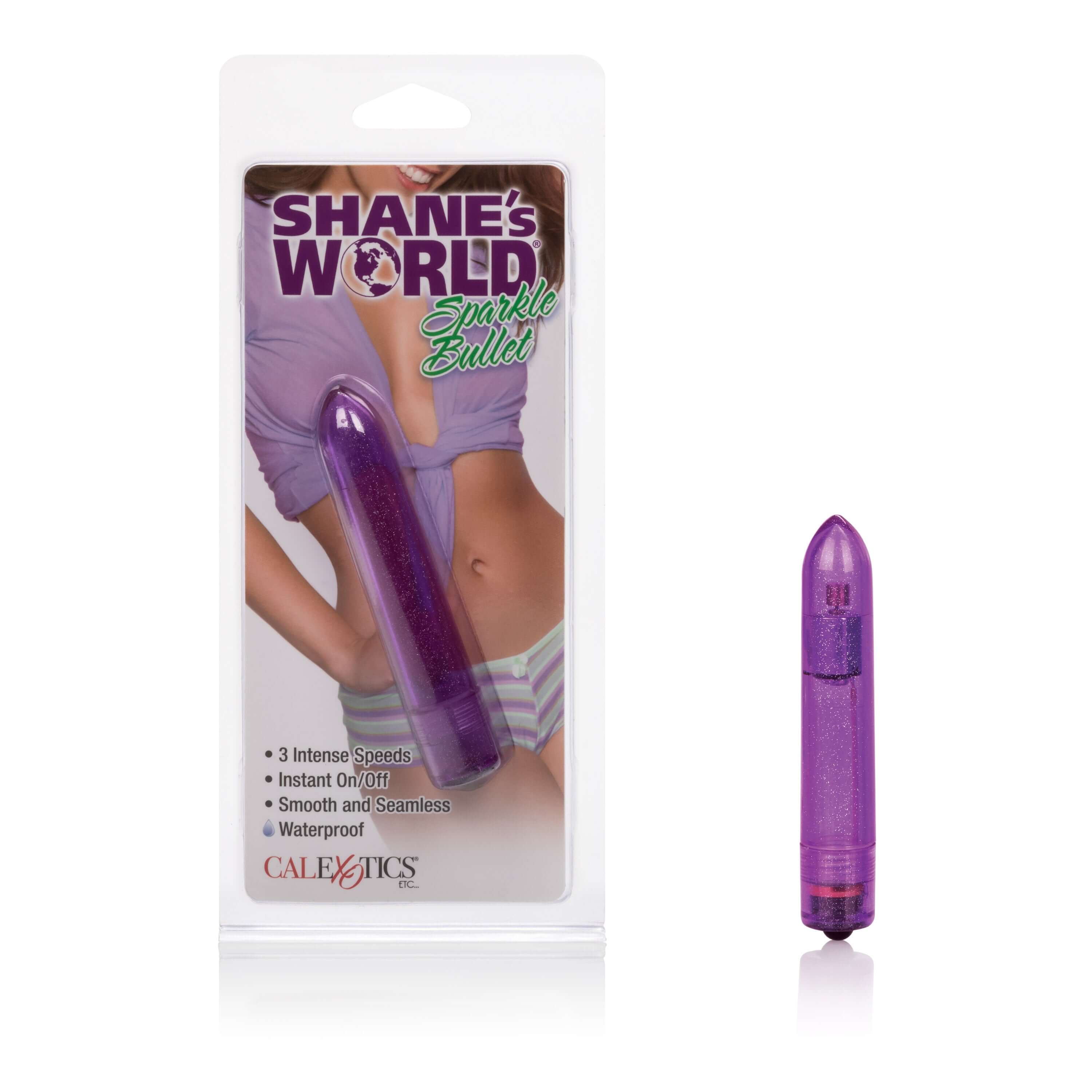Shanes World Sparkle Bullet Vibrator Purple in packaging showcasing its compact design and features.