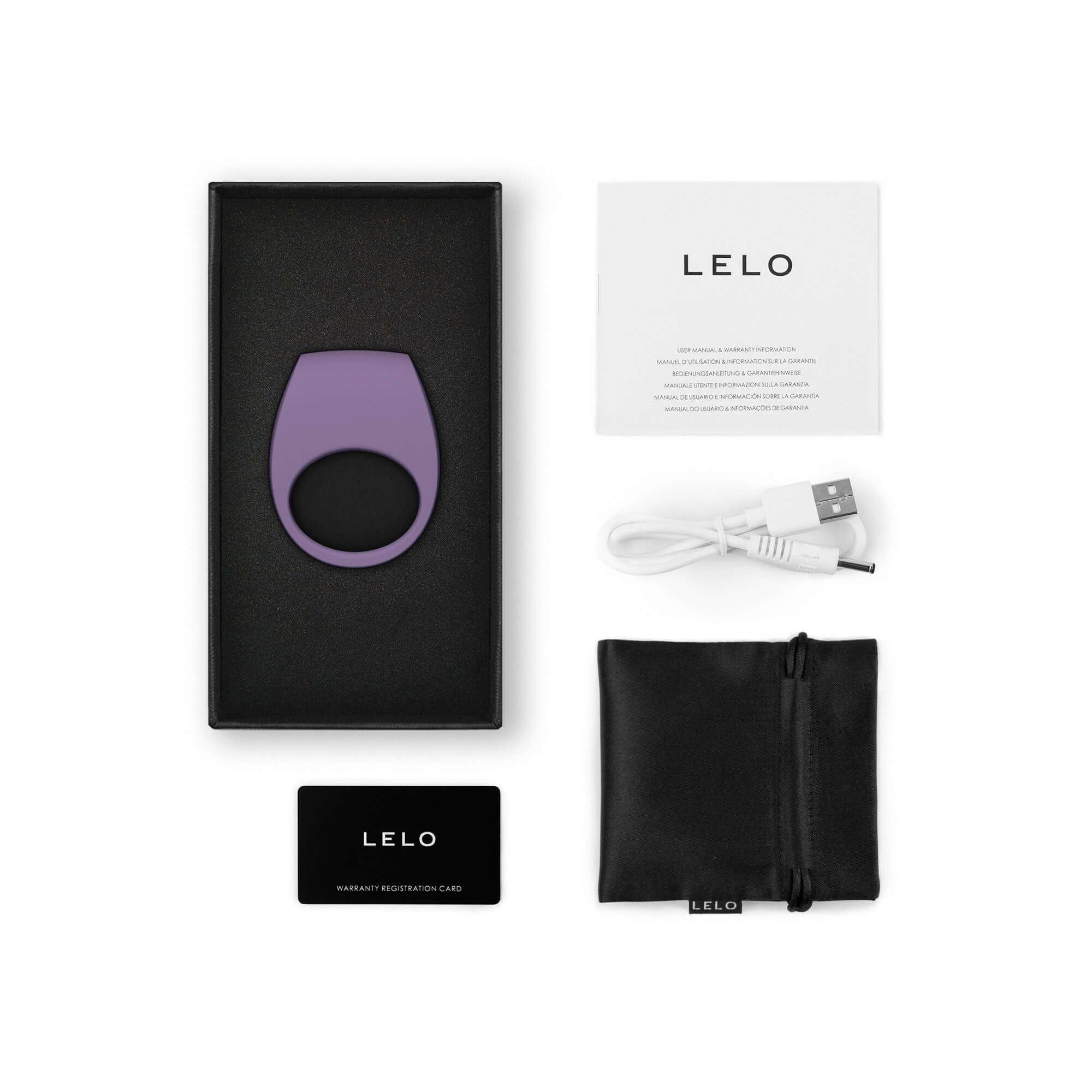 Lelo Tor 3 Vibrating Couples Ring Violet in its box with accessories and charger.