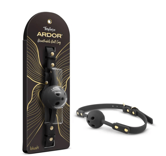 Temptasia Ardor Ball Gag Black featuring breathable design and soft silicone for comfort and adjustability.