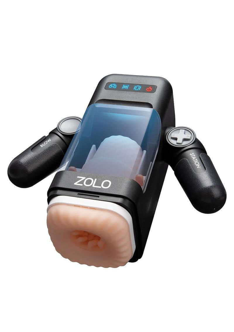 ZOLO Blowstation Masturbator Black with transparent cover and control panels for customizable experience.
