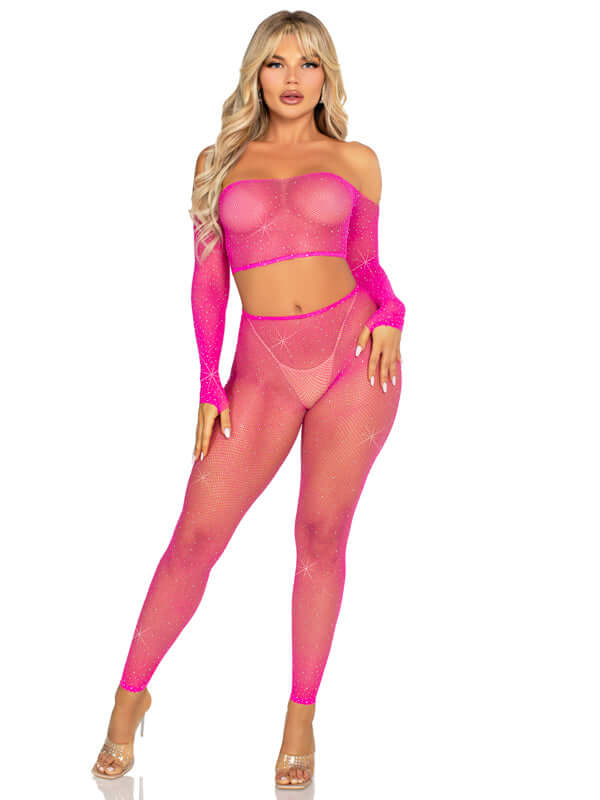 Leg Avenue neon pink rhinestone fishnet crop top and footless tights set for women, one size fits most.