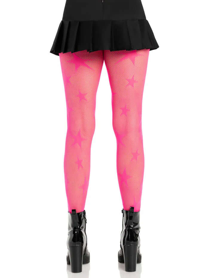 Model showcasing Leg Avenue Star Net Tights OS Neon Pink, featuring a star pattern and vibrant neon pink color.