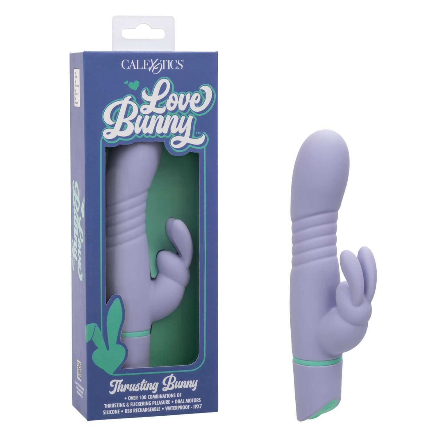 Love Bunny Thrusting Bunny dual stimulator in purple with packaging, featuring 100 combinations of thrusting and flickering pleasure.
