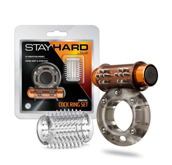 Blush Stay Hard Vibrating Cock Ring Set With Sleeve Textured Sheath product image featuring textured sheath and vibrating cock ring.