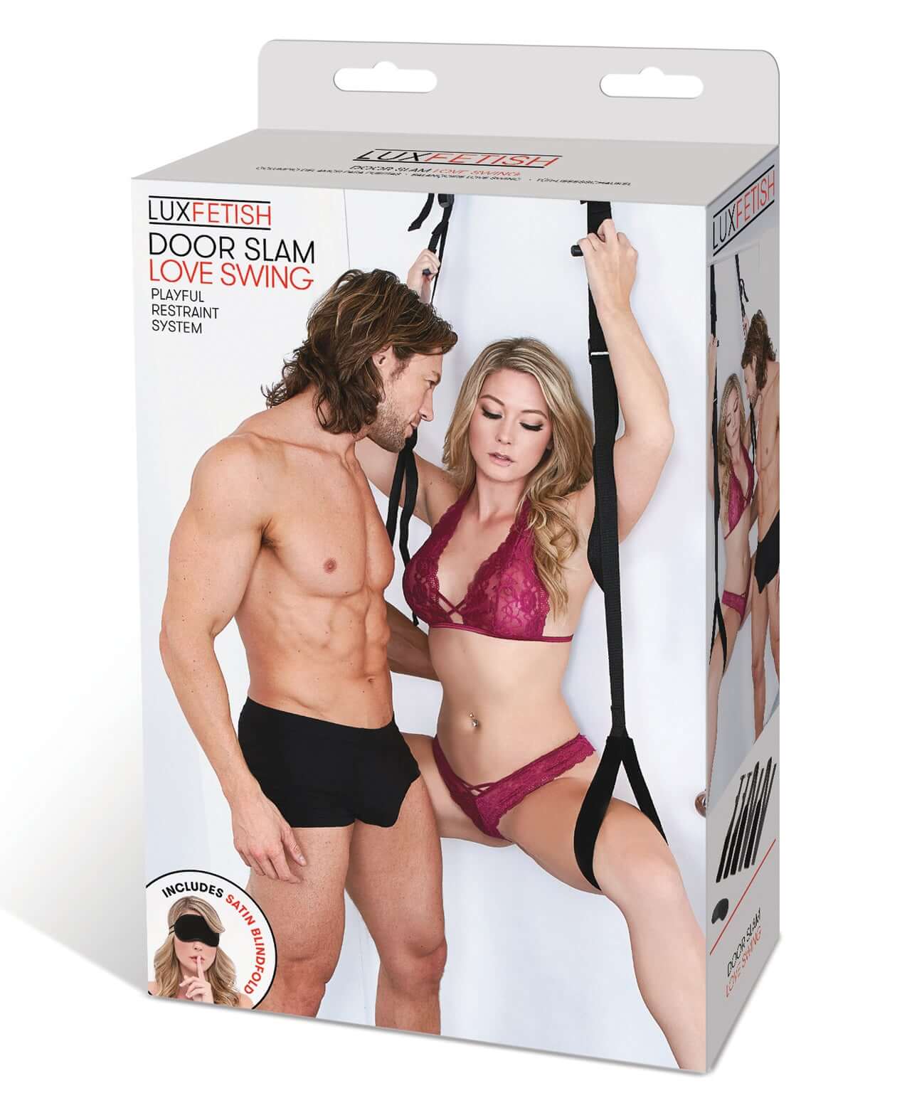 Lux Fetish Door Slam Love Swing packaging showing couple demonstrating sex swing for versatile bondage play.