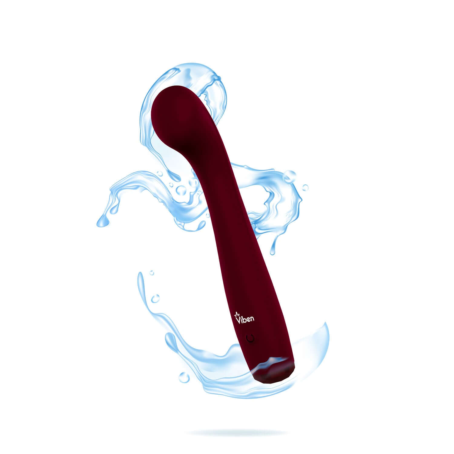 Ruby red Viben Devotion Intense G-Spot Vibe made of silky silicone with water splashes, designed for internal g-spot stimulation.