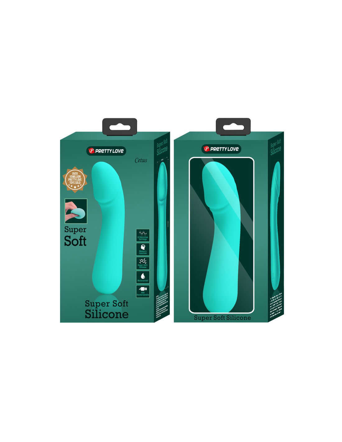 Cetus Rechargeable Vibrator in turquoise packaging, super soft silicone G-spot vibrator with curved design for enhanced euphoria.