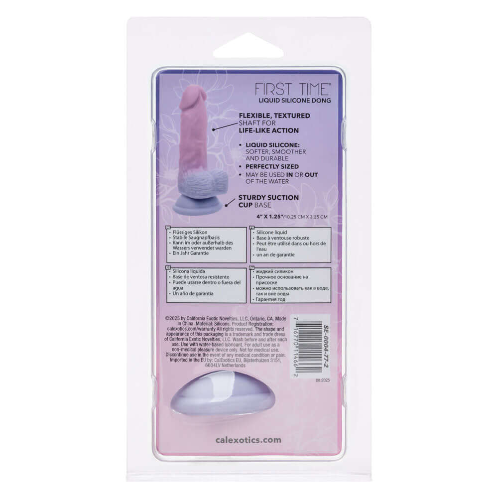 First Time Liquid Silicone Dong 4 inch packaging showing flexible design and suction cup base for versatile use.