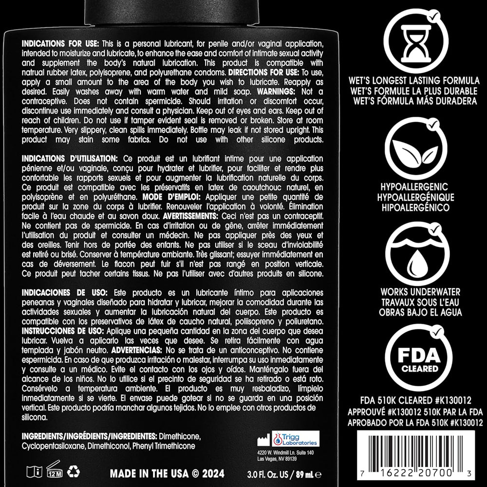 Wet Platinum Luxury Silicone Lubricant 9 Oz product label with usage directions and ingredients.