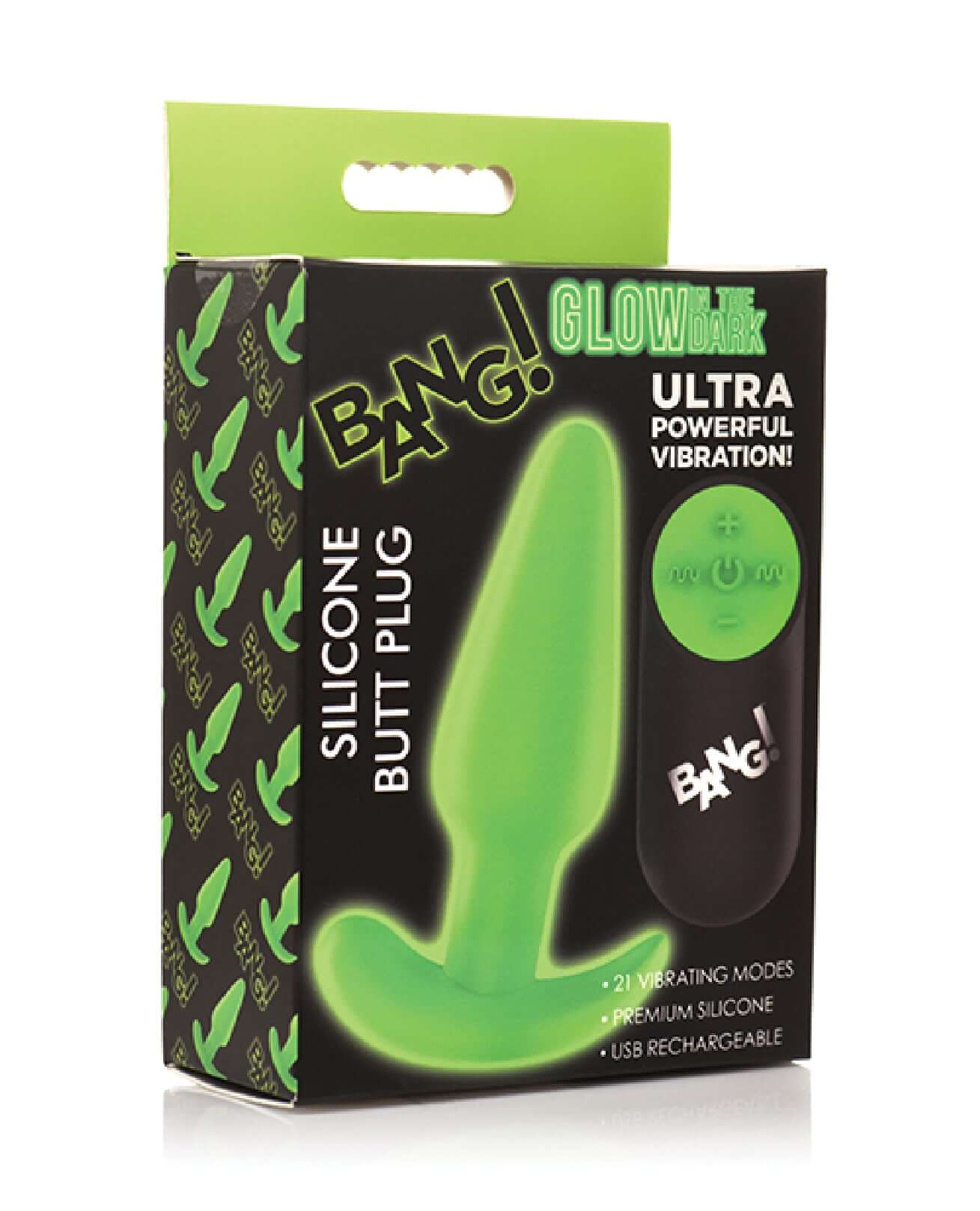 Glow in the Dark Silicone Butt Plug with Remote in Green Packaging - Ultra Powerful Vibrations, Premium Silicone, USB Rechargeable