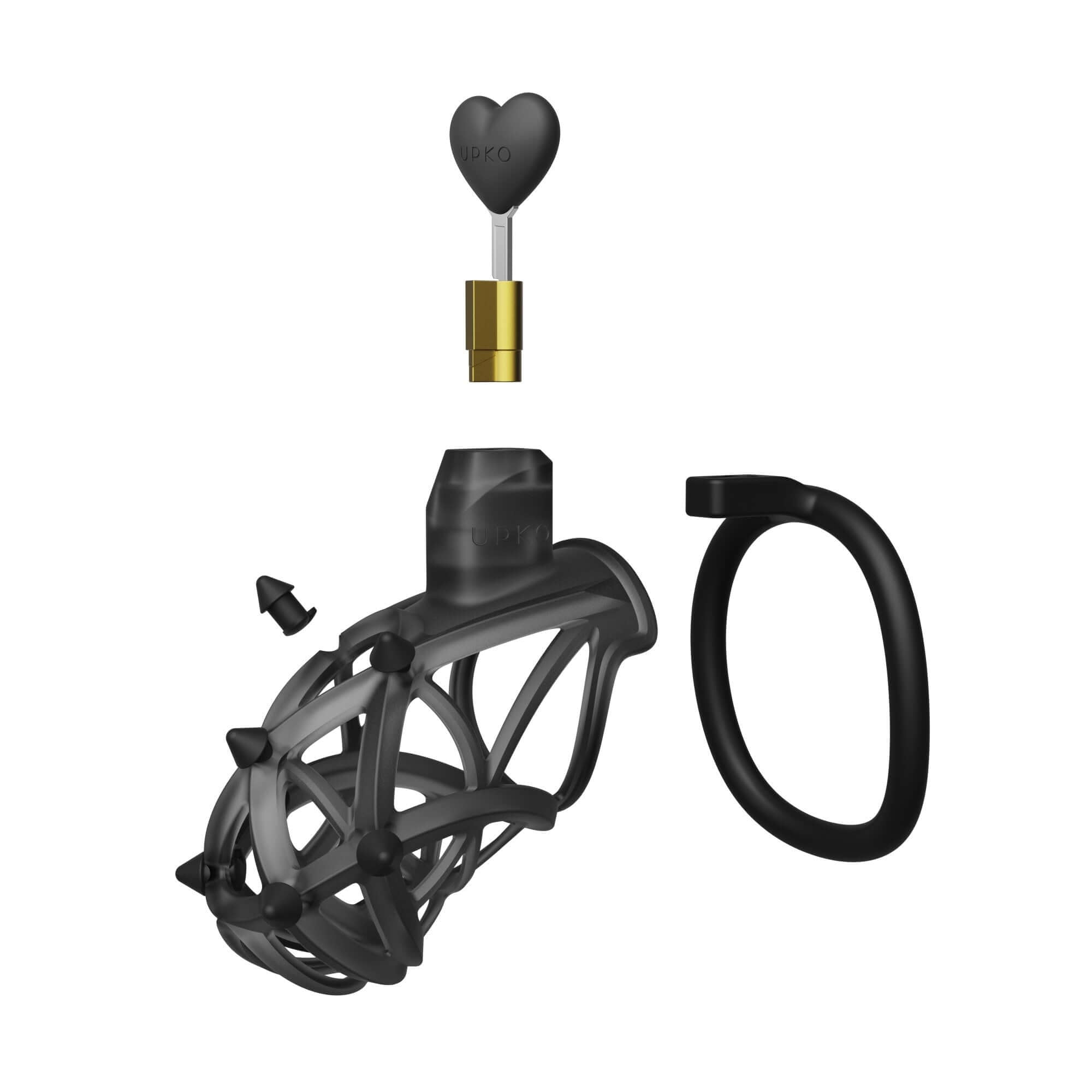 UPKO Caged Beast Male Chastity Device Kit in black, showcasing a unique design and components for comfort and safety.