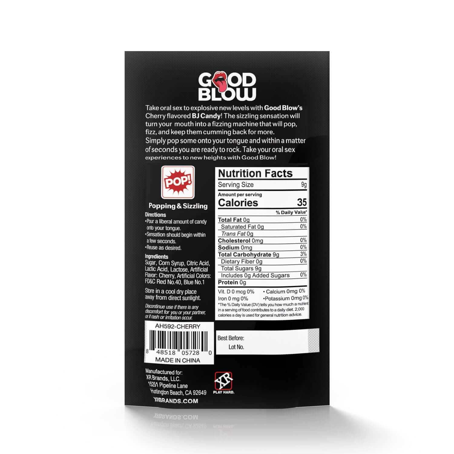 "Candy Popping Oral Sex Candy - Cherry flavored BJ Candy packaging with nutrition facts and sizzling sensation description"