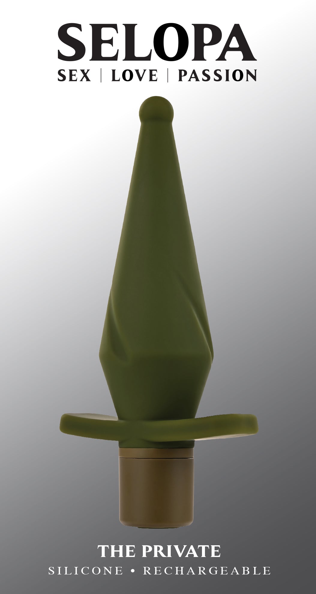 Selopa The Private Rechargeable Silicone Anal Plug Green displayed against a gradient background.