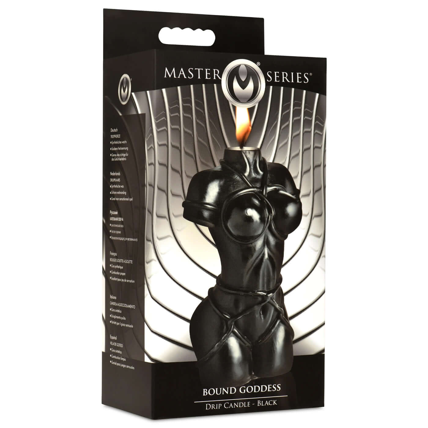 Master Series Bound Goddess Drip Candle in Black showing sculpted woman's torso in packaging with rope details.