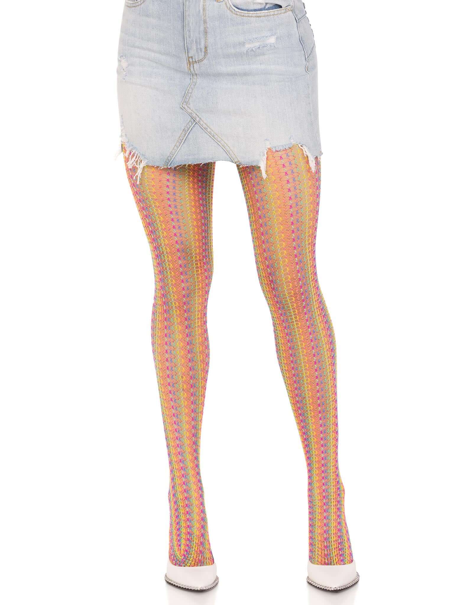 Multicolor rainbow crochet net tights with a denim skirt and white shoes