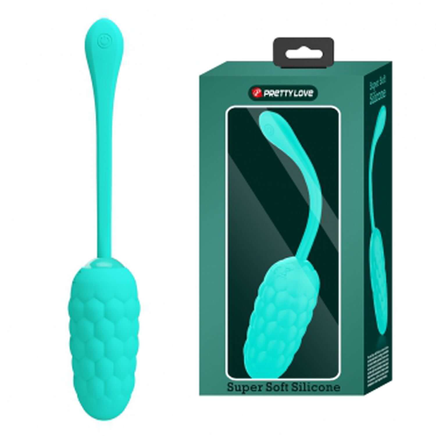 Turquoise rechargeable vibrating egg in packaging, featuring 12 vibration settings and super soft silicone for ultimate pleasure.