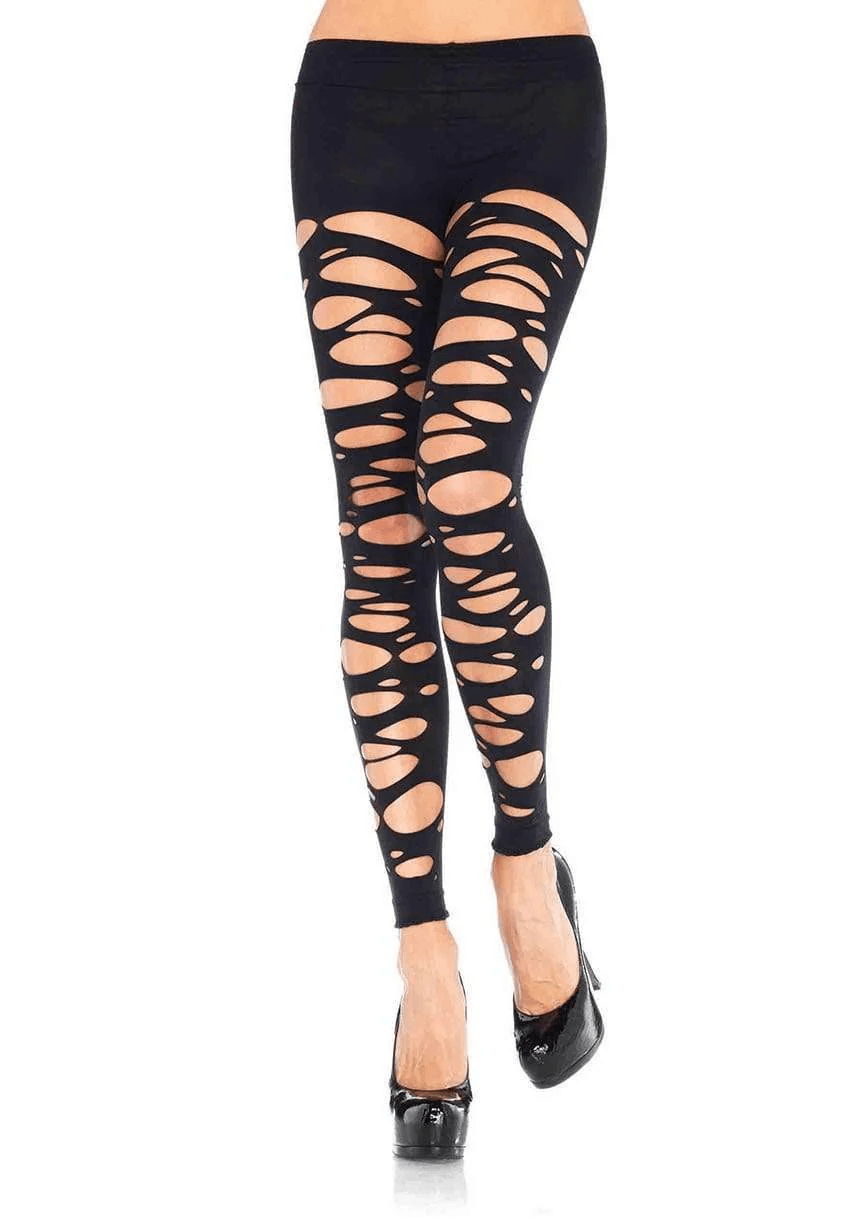 Leg Avenue Tattered Footless Tights Black OS with dramatic cutouts and a bold tattered design, perfect for edgy outfits.