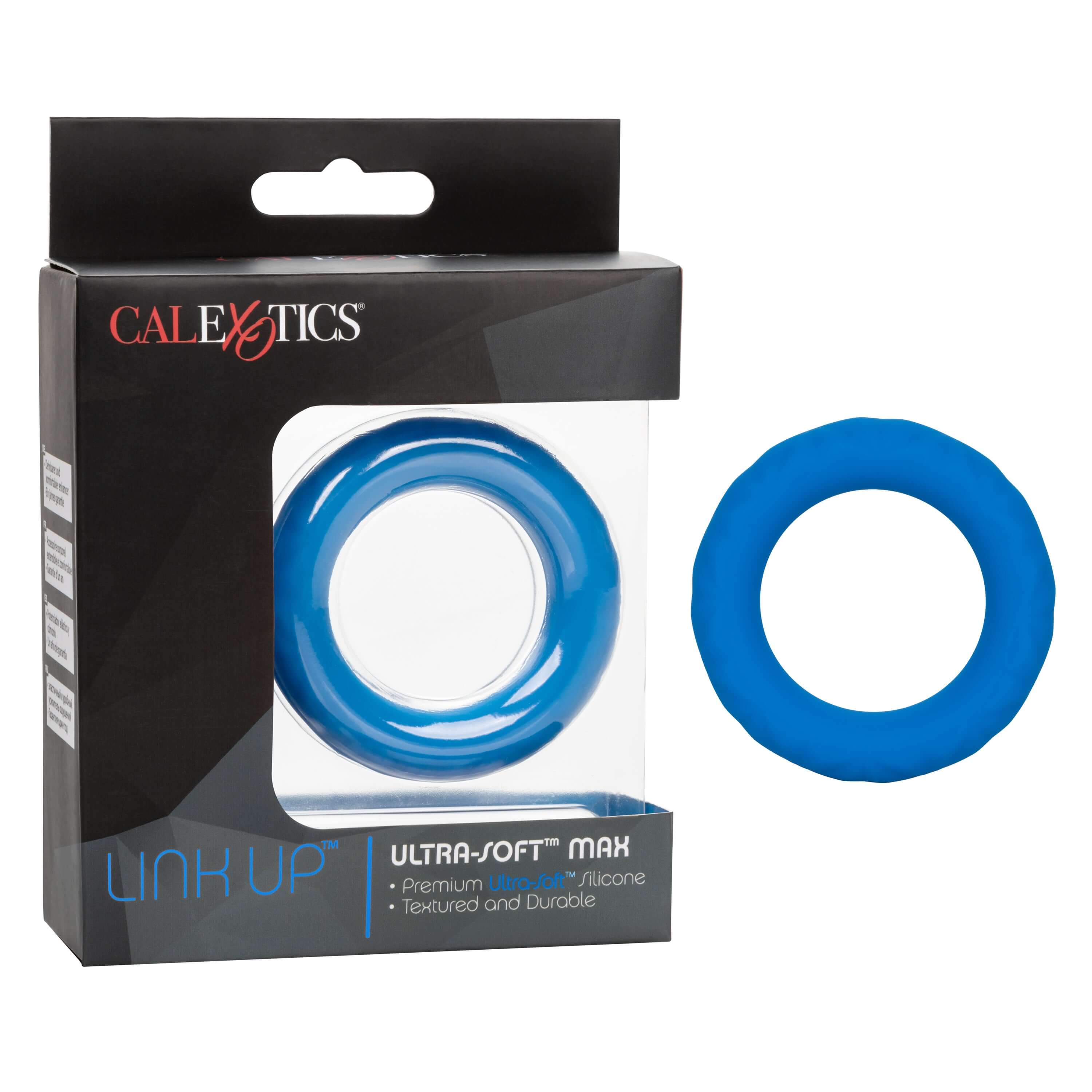 Link Up Ultra-Soft Max Silicone Cock Ring Blue in packaging, showcasing its premium ultra-soft silicone texture and durability.